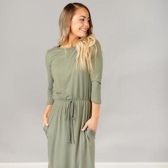 REBORN J Modest Midi Drawstring Dress Sage Green - Picture 2 of 4